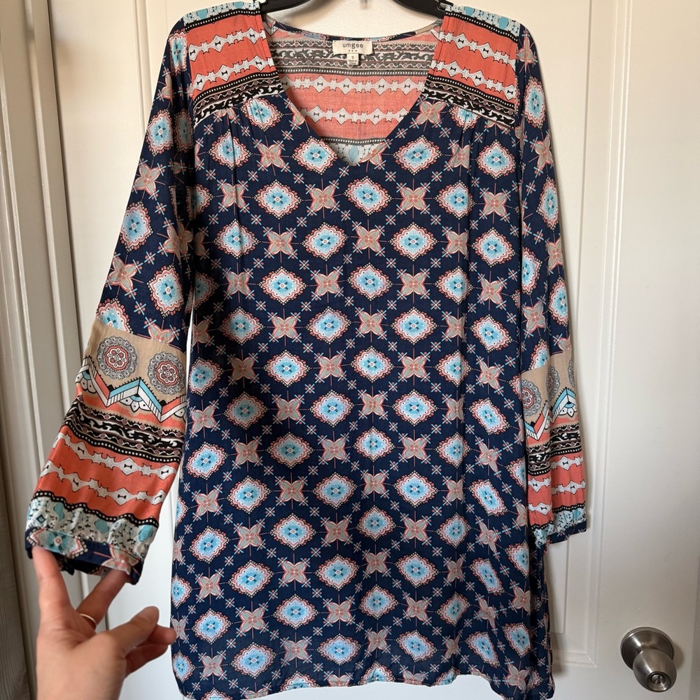 Umgee Patterned Blue and Peach Women's tunic blouse, boho, coastal, cottagecore